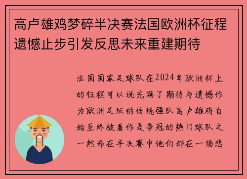高卢雄鸡梦碎半决赛法国欧洲杯征程遗憾止步引发反思未来重建期待
